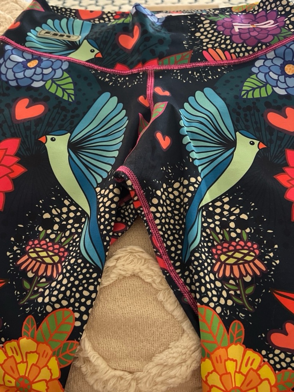 Colorful Bird-Print Women’s Leggings in Dark Blue with birds, hearts & flowers